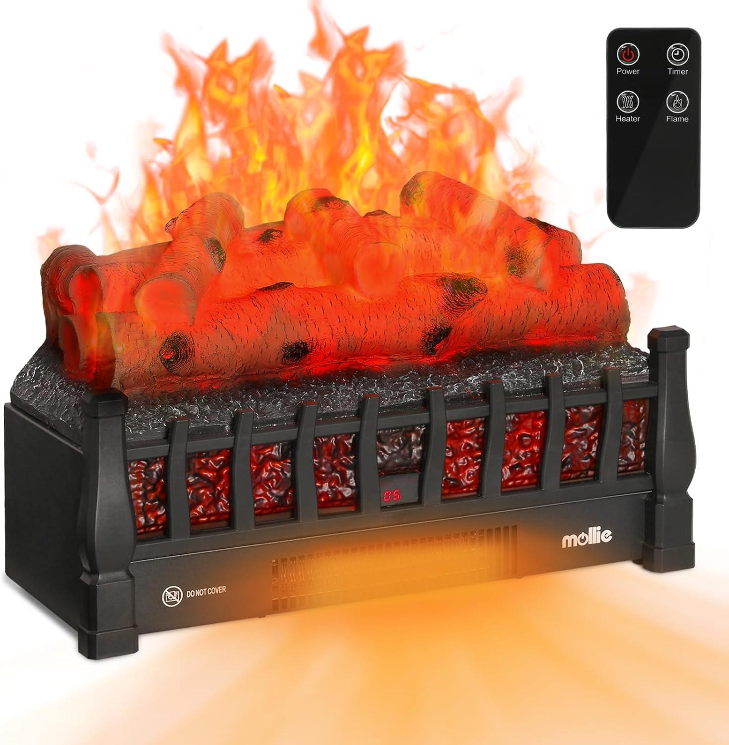 20" Electric Fireplace Log Set Heater with Realistic Ember Bed, Remote, Adjustable Flame Brightness