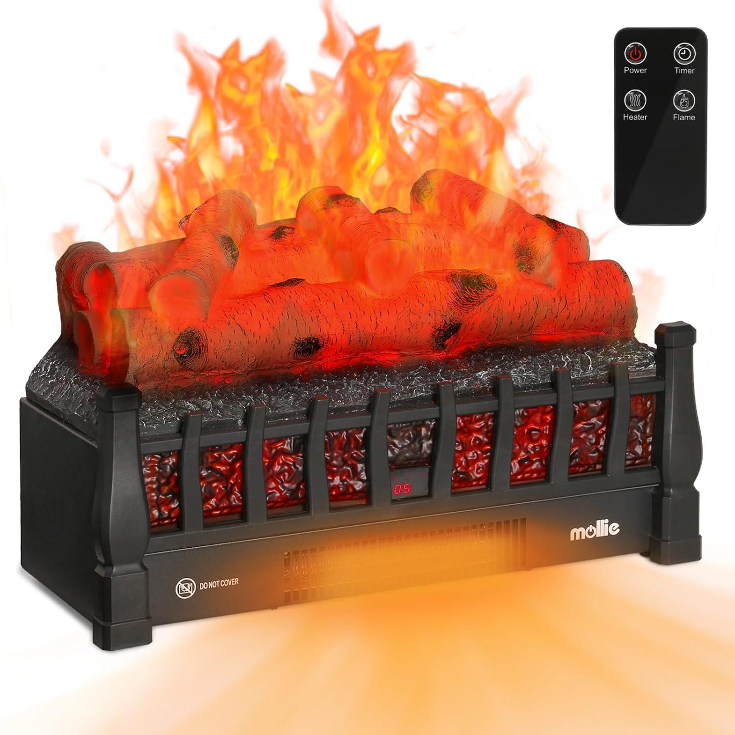 20" Electric Fireplace Log Set Heater with Realistic Ember Bed, Remote, Adjustable Flame Brightness