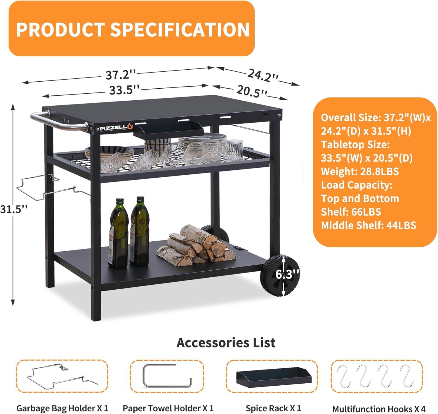 Black Steel Three-Shelf Outdoor Grill Cart with Wheels