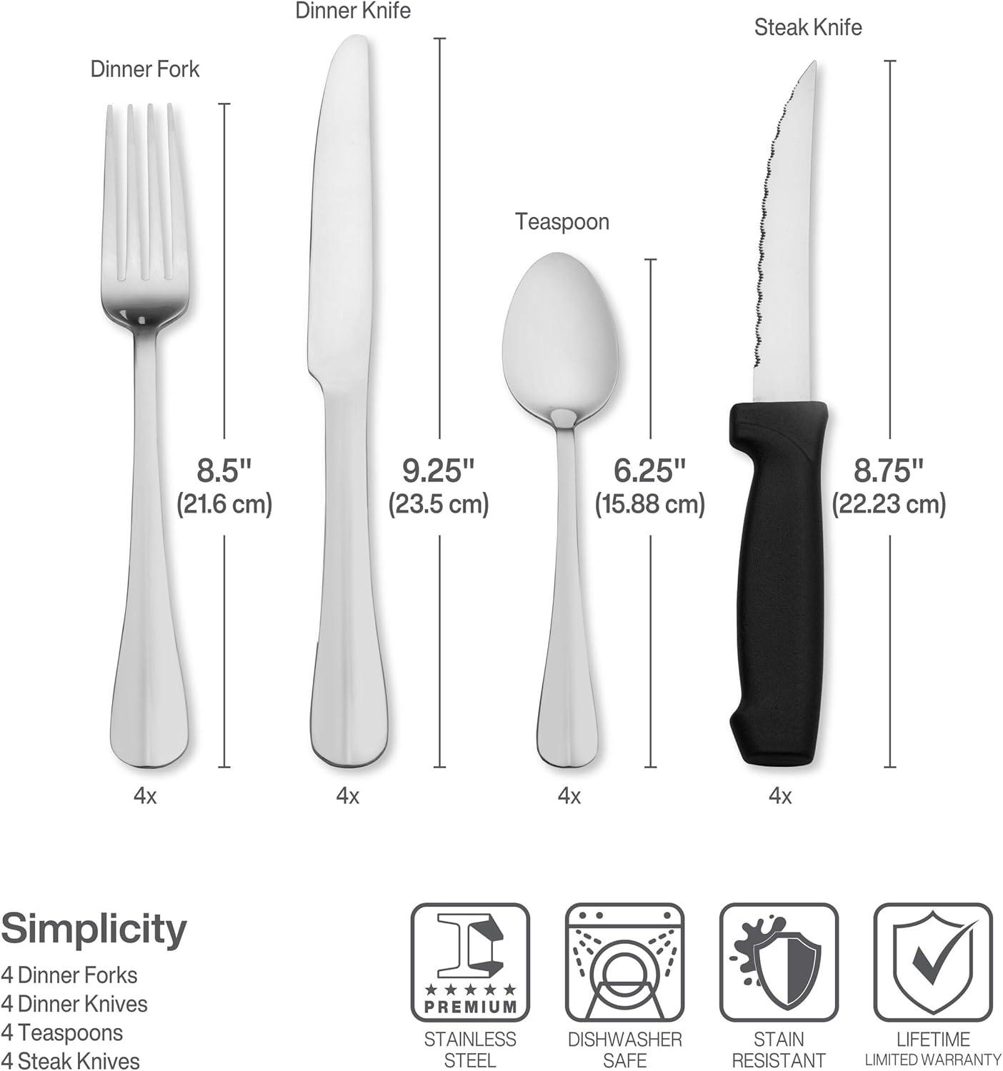 Simplicity 16-Piece Stainless Steel Flatware Set with Steak Knives