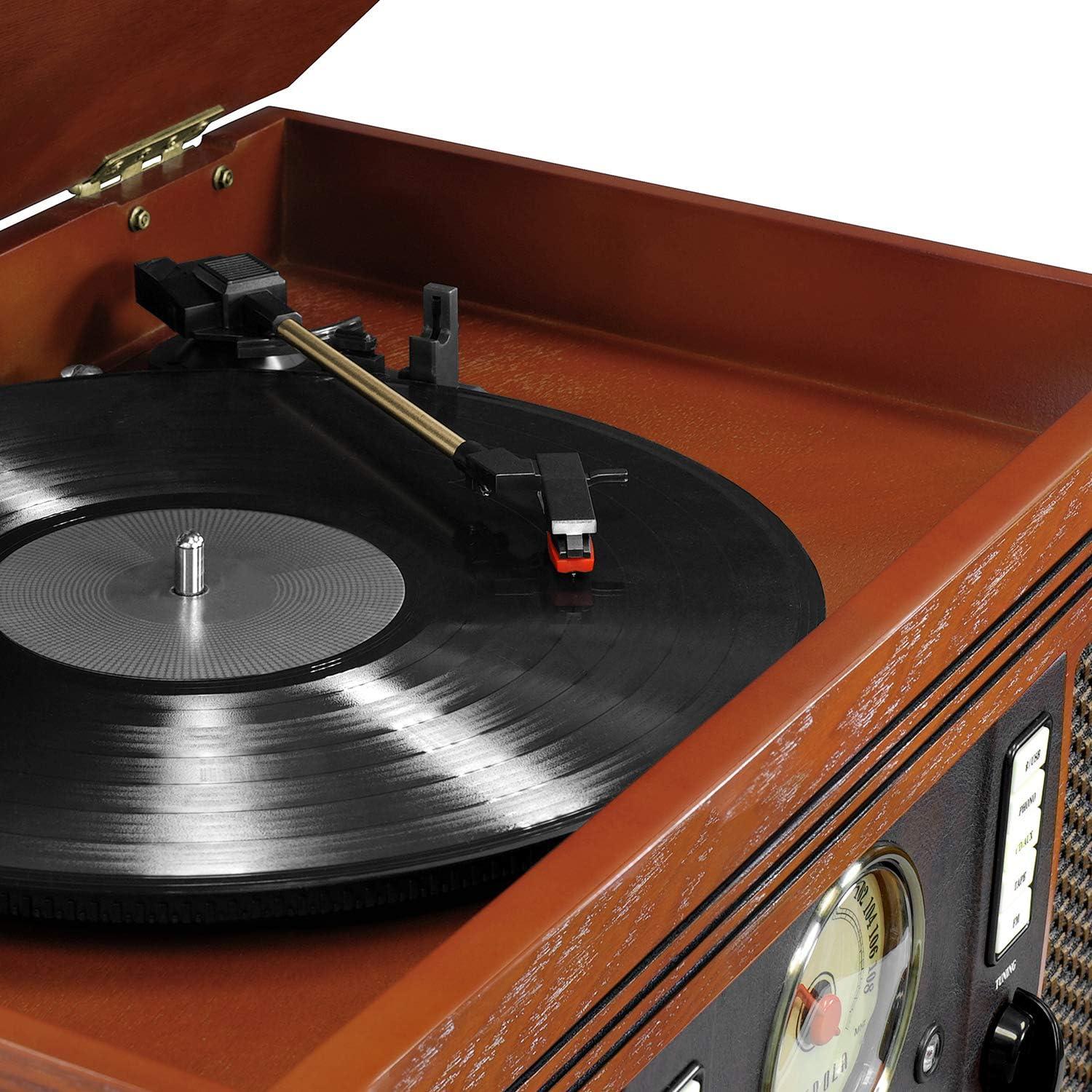 Mahogany 8-in-1 Bluetooth Record Player with CD Recorder