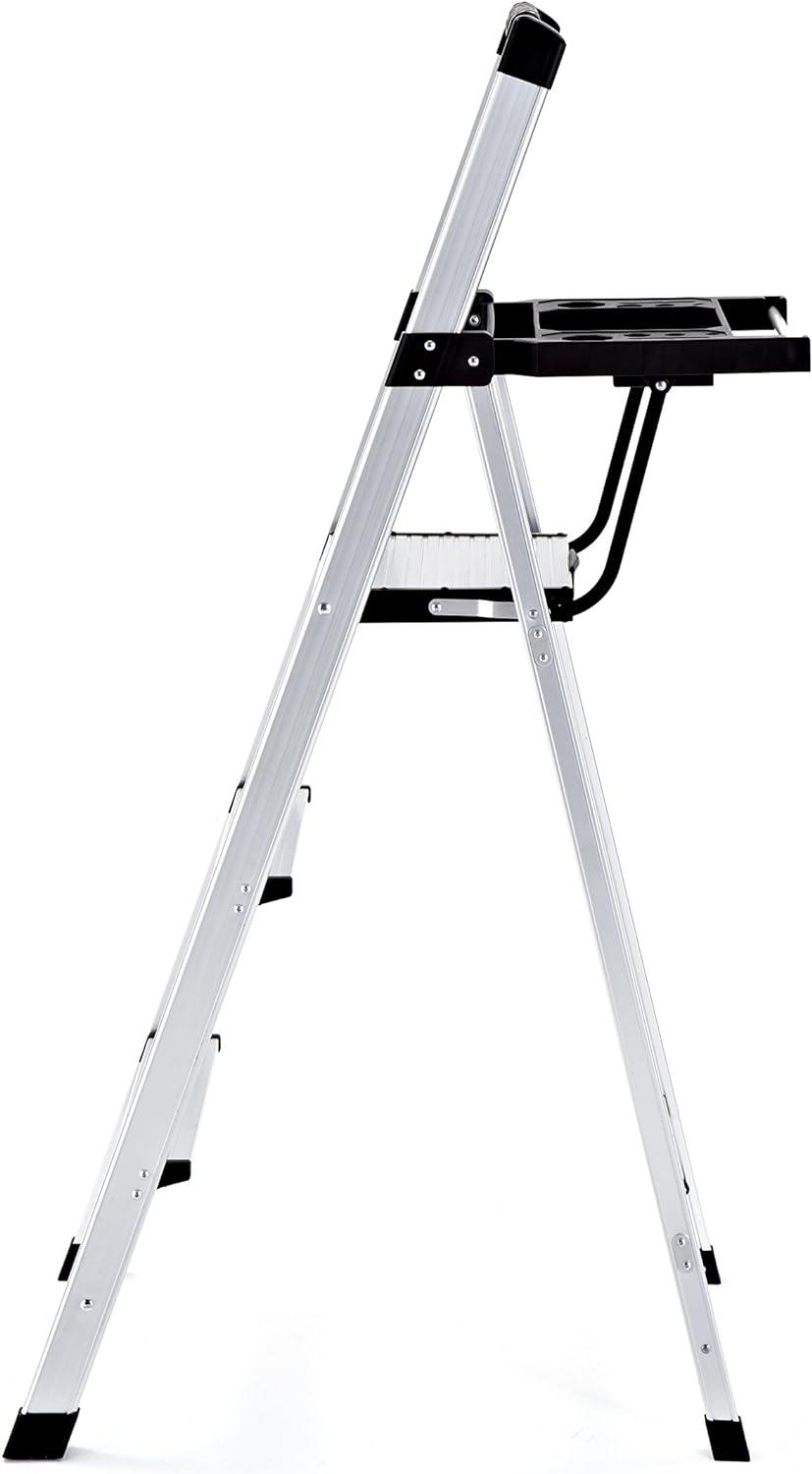 Rubbermaid 3-Step Ladder, Aluminum Lightweight Folding Step Stool with Project Tray, Silver, Tested to US Safety Standards, No Assembly Required
