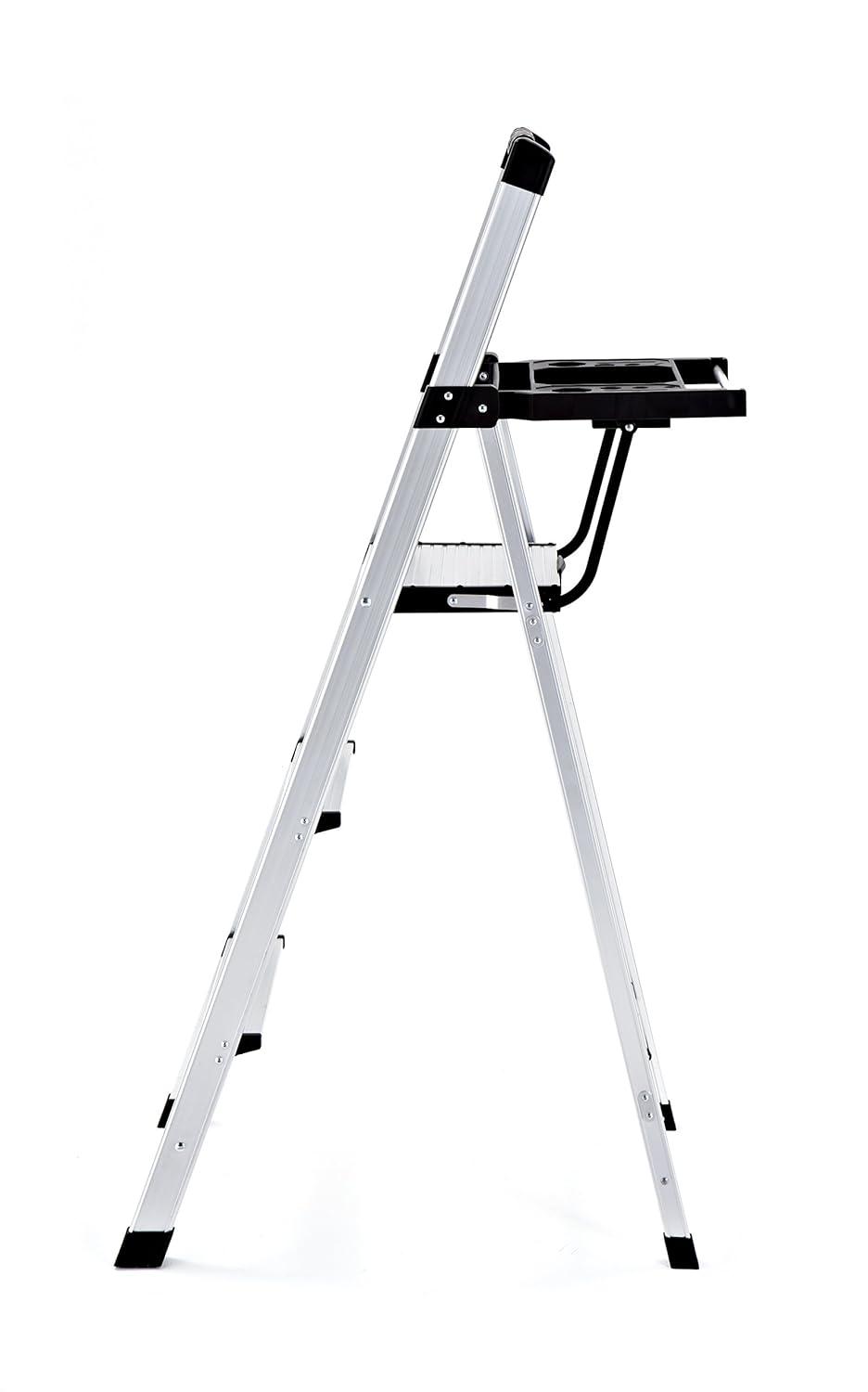 Lightweight Silver Aluminum 3-Step Foldable Ladder with Tray