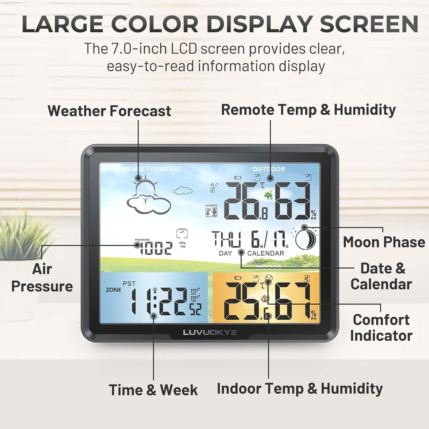 Weather Station Wireless Indoor Outdoor Thermometer, Color Display Digital Thermometer Humidity Monitor with Atomic Clock, Forecast Station with Calendar and Adjustable Backlight for Home