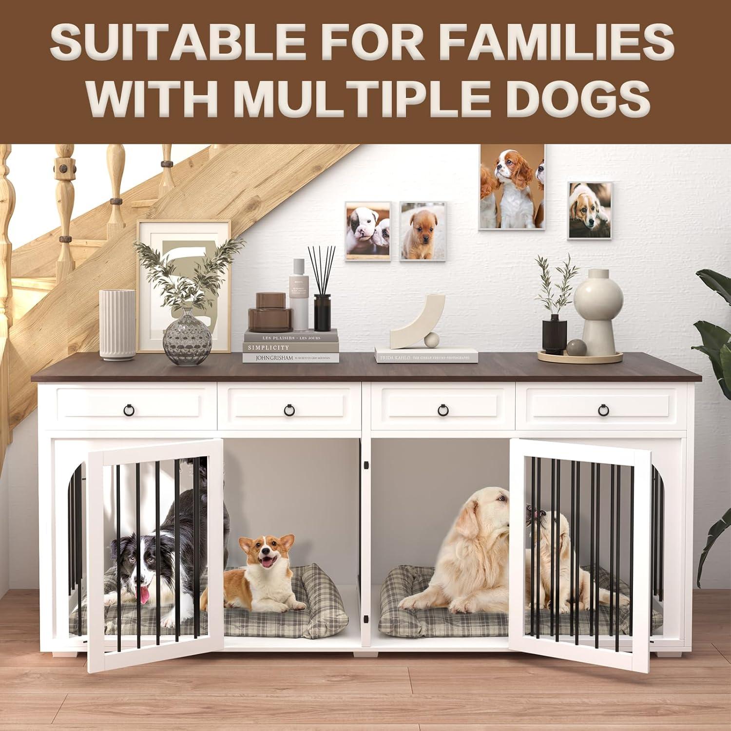 Tucker Murphy Pet™ 74.8" XXL Double Dog Kennel Furniture For Large Breed,Heavy Duty Wooden Dog Crate Cage Furniture Style With Storage Rack And Divider For 2 Dogs Indoor,White & Reviews | Wayfair