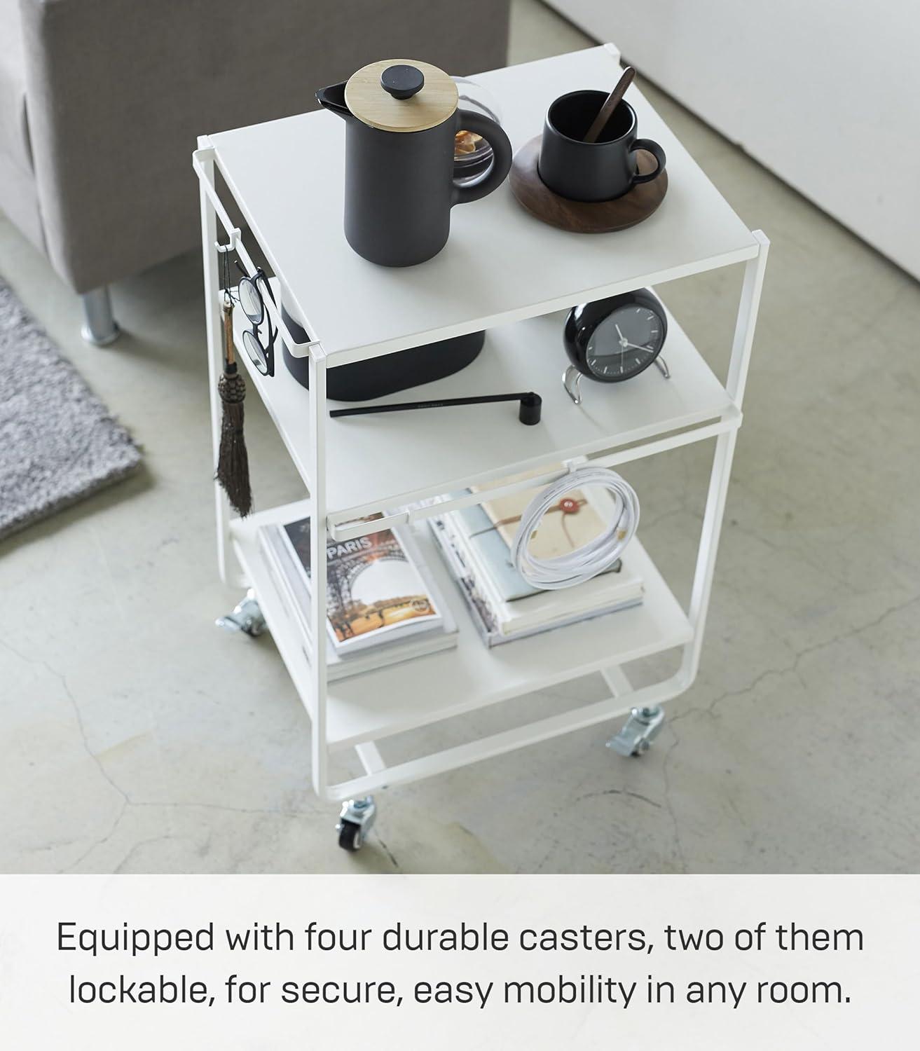 Sleek White 3-Tier Rolling Kitchen Cart with Storage Hooks