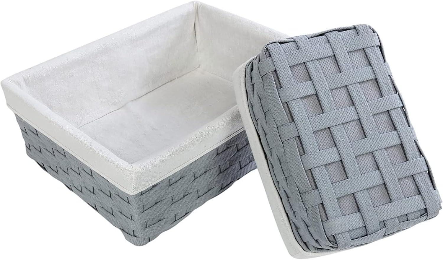 5 Pack Wicker Nesting Baskets with Cloth Lining for Pantry Shelves, Rectangular Storage Bins for Organizing Closet (Brown, 3 Sizes)