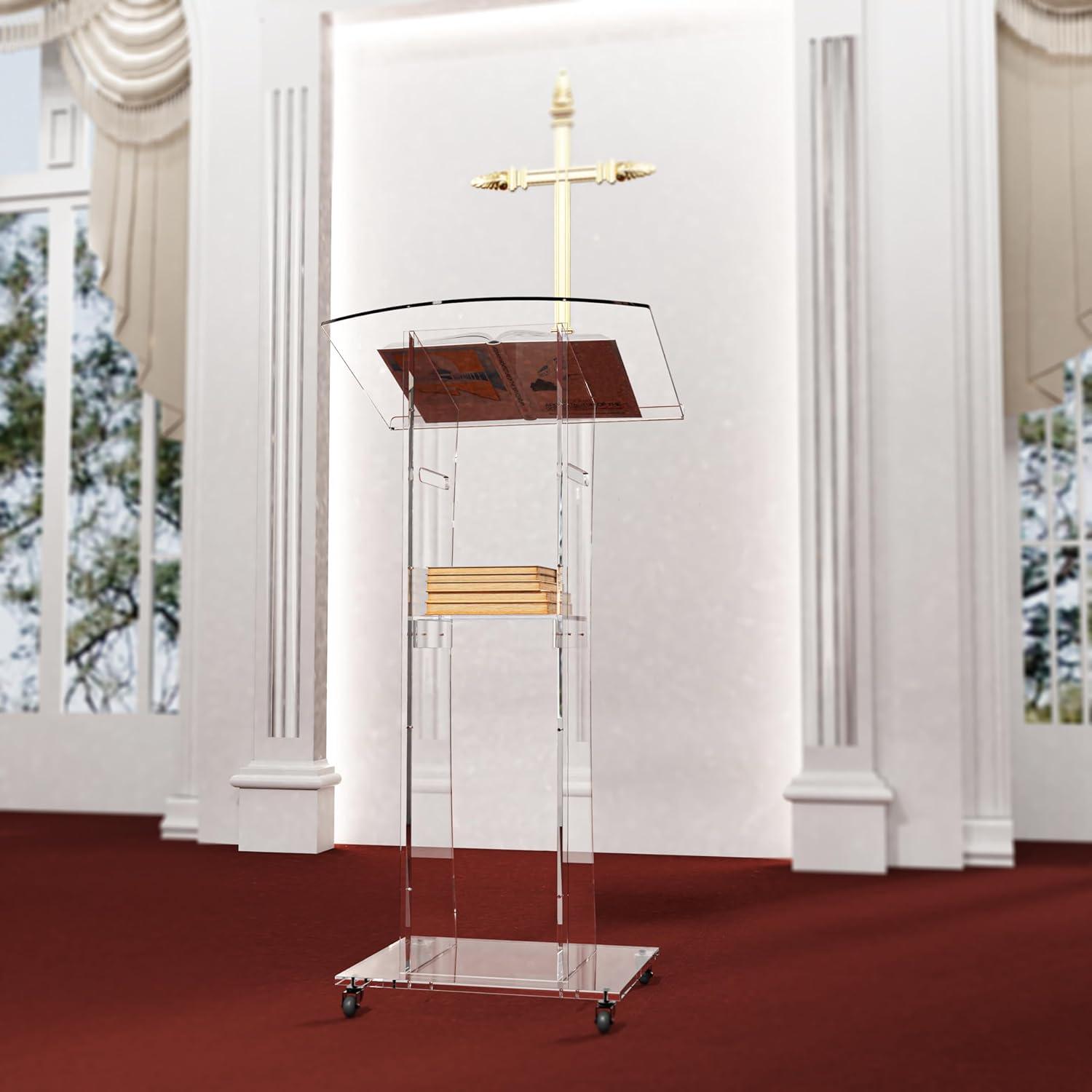 BENTISM Acrylic Podium Acrylic Pulpit 47" Acrylic Podium Stand w/ Wide Reading Surface Storage Shelf Floor-Standing Plexiglass Lectern Stand-Up Podium Conference Lectern for Church Office School White