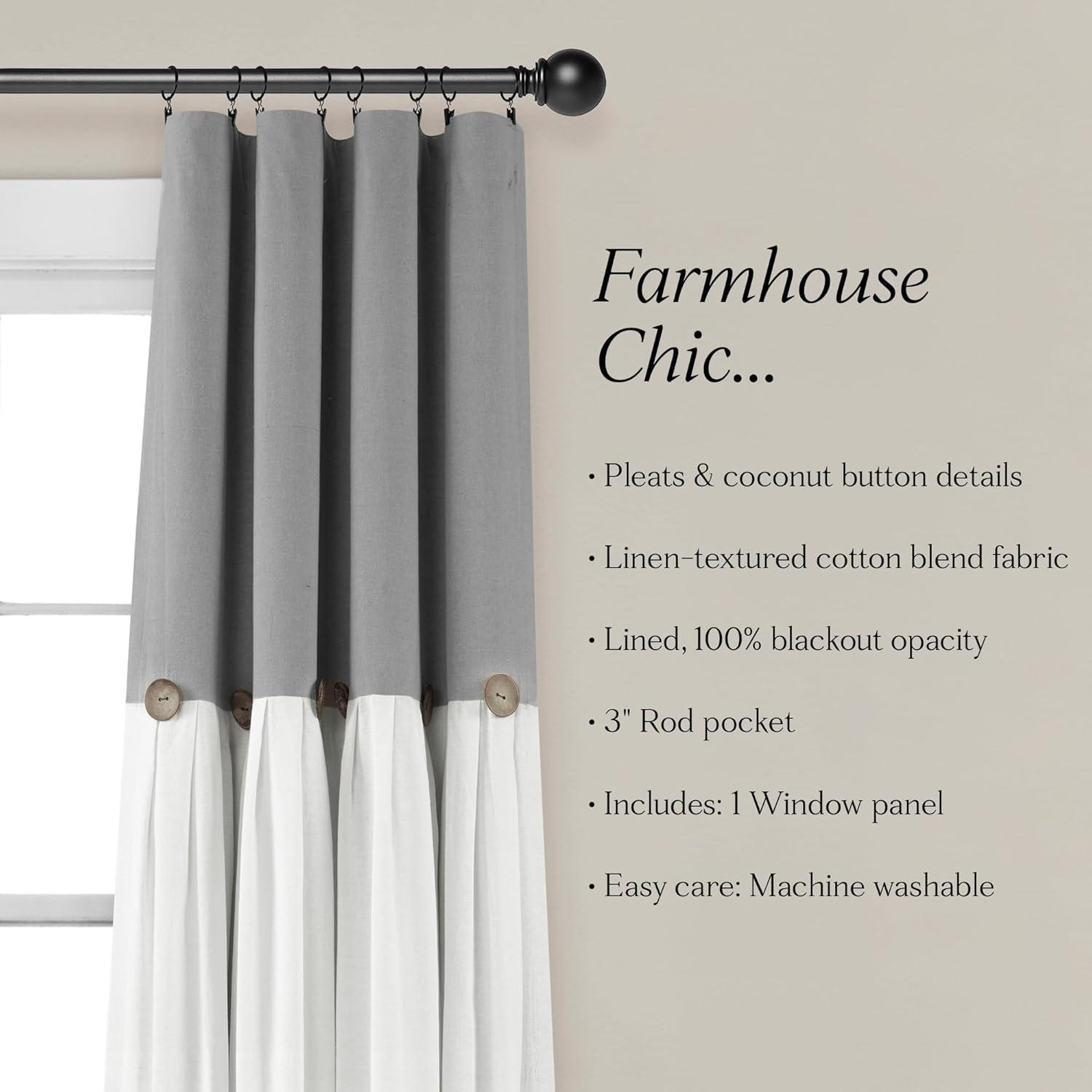 Lush Decor Linen Button 100% Blackout Window Curtain Panel, Single, 40" W x 84" L, Dark Gray & White - Blackout Curtains - Rustic Decor - Country Farmhouse Curtains For Bedroom