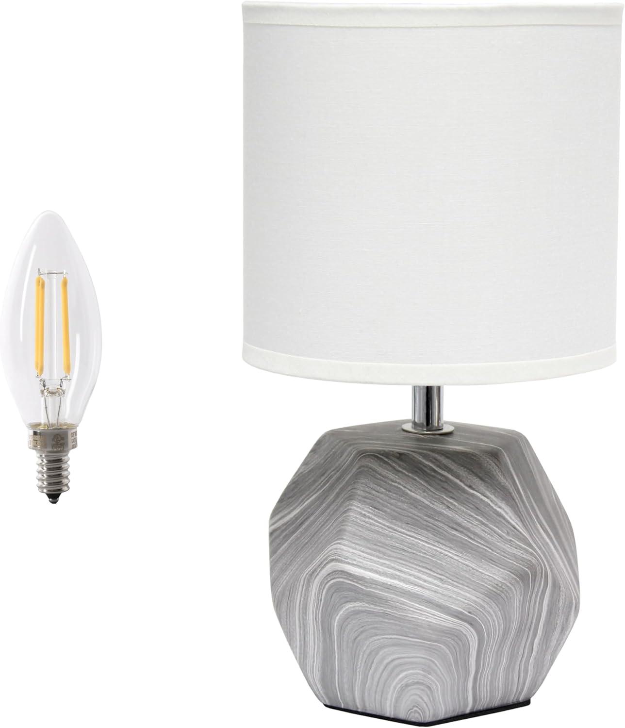Simple Designs 10.24" Round Geometric Prism Mini Table Lamp with Matching Fabric Shade (Includes LED Light Bulb) Gray/White