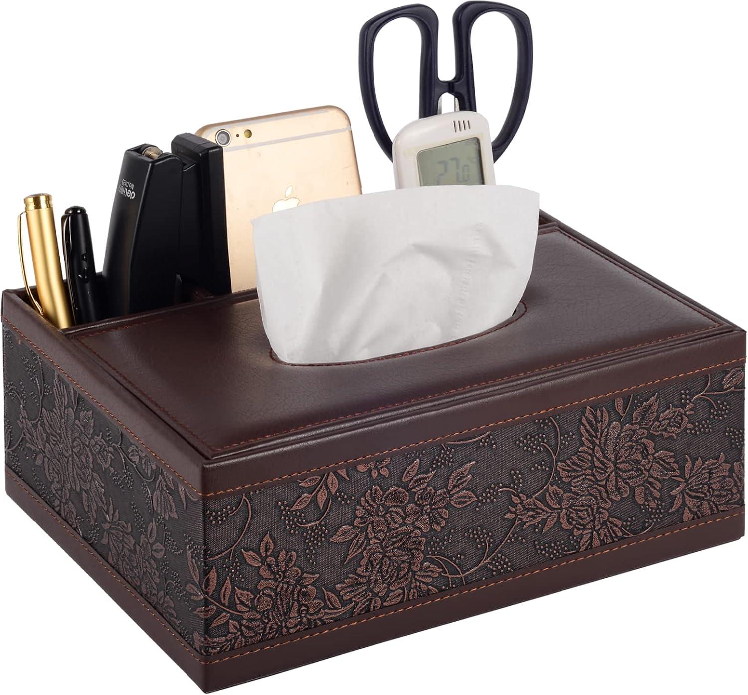 Multifunction PU Leather Tissue Box Holder/Cover Rectangular Upgrade Large Size Stationery Napkin Remote Control Storage Box,Facial Tissue Dispenser Organizer Caddy Home Office Supplies (Retro)