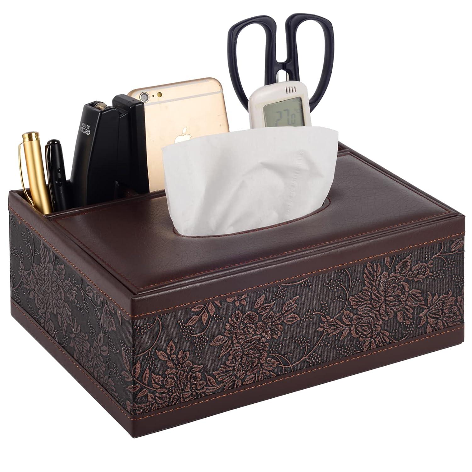 Multifunction PU Leather Tissue Box Holder/Cover Rectangular Upgrade Large Size Stationery Napkin Remote Control Storage Box,Facial Tissue Dispenser Organizer Caddy Home Office Supplies (Retro)