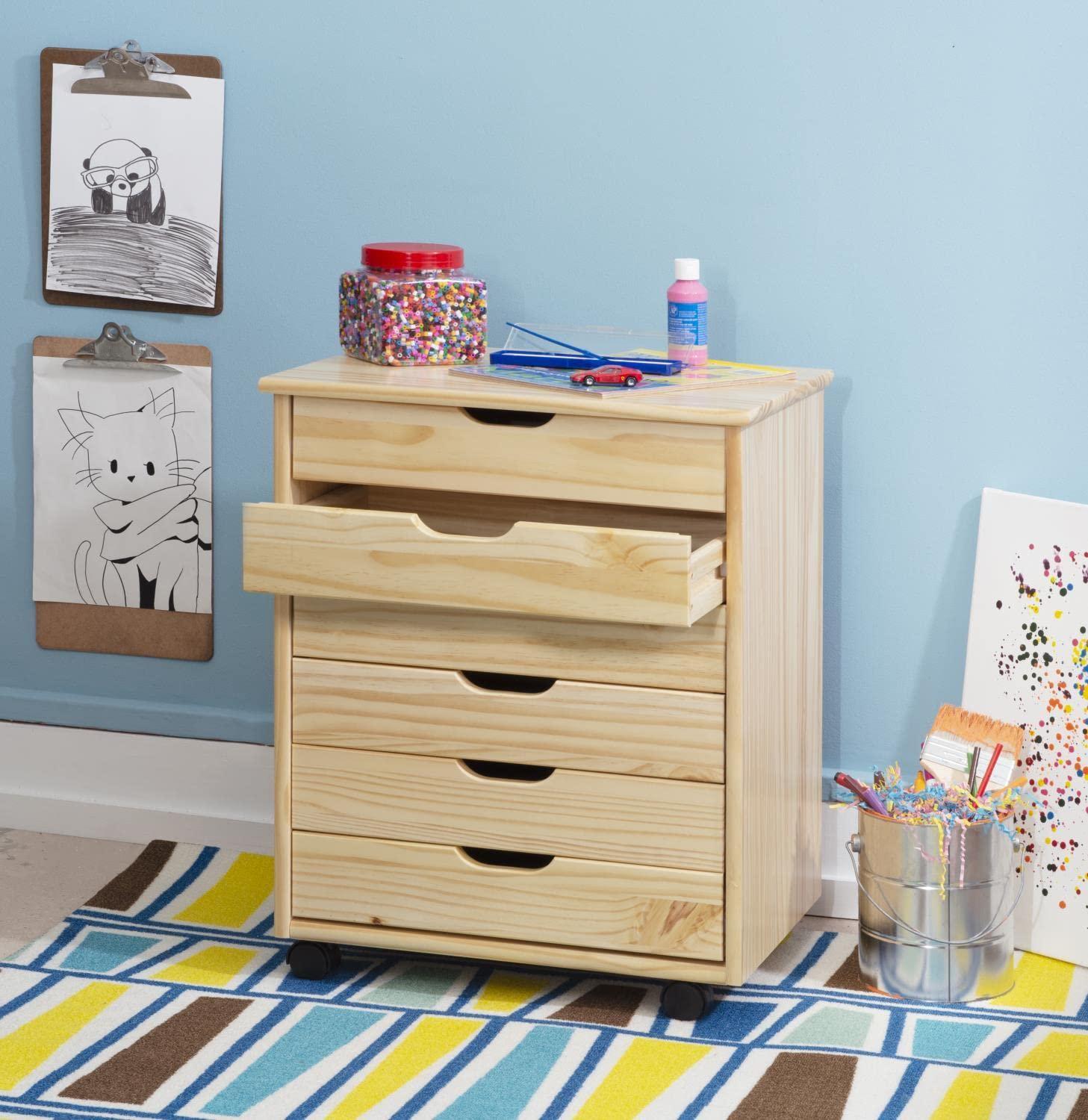Cary Transitional 6 Drawer Solid Wood Contoured Handle Cut Out Wide Roll Cart Natural - Linon: Pine Frame, Farmhouse Style
