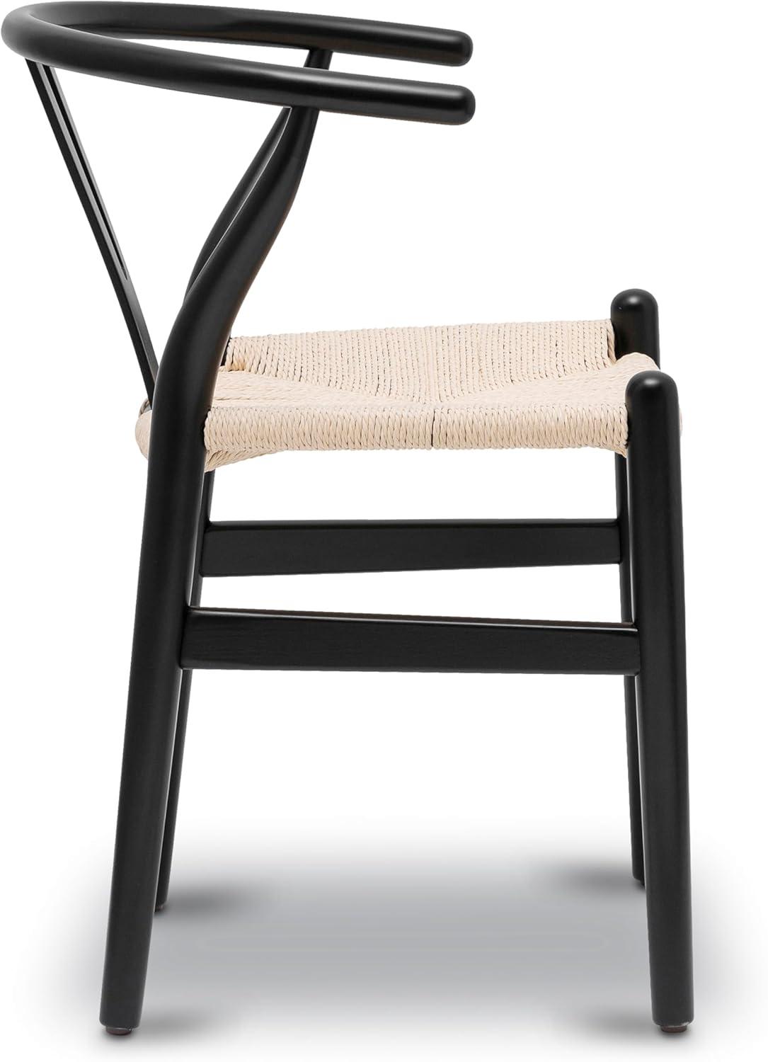 Black Wood Arm Chairs with Woven Seats, Set of 2