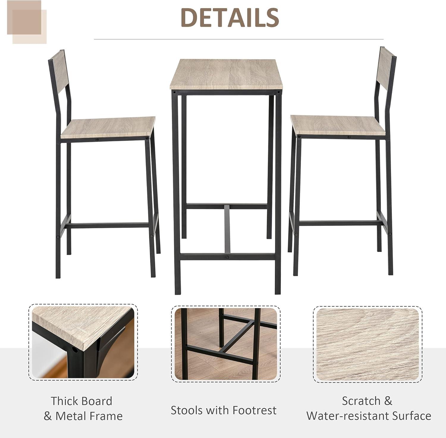 Natural Wood and Black Metal 3-Piece Bar Table Set