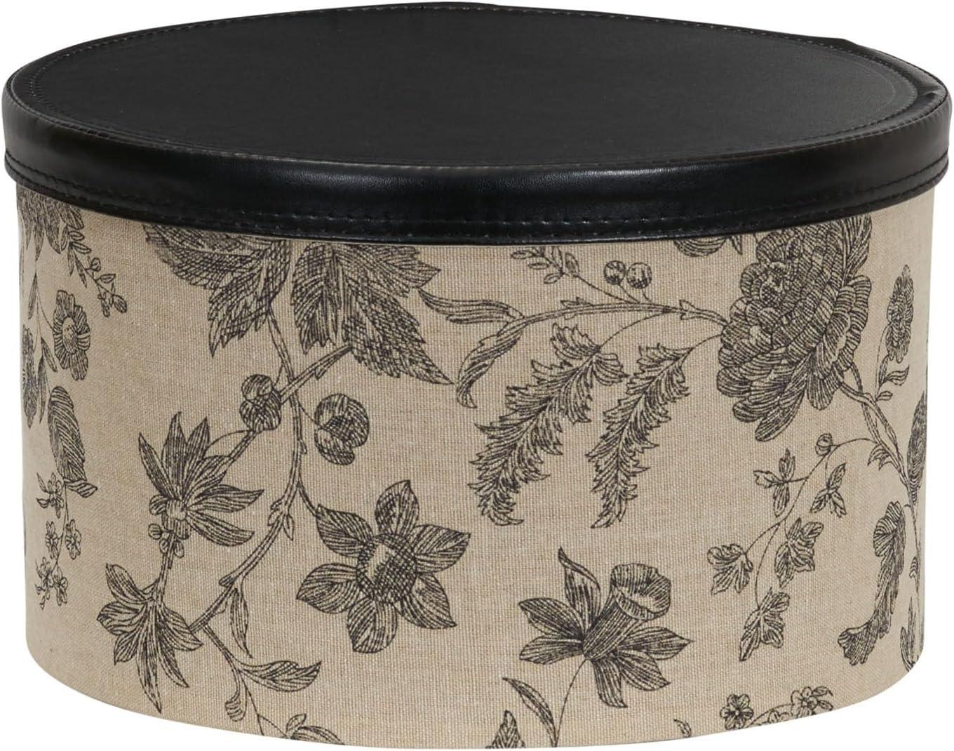 Round Hat Boxes with Lids, Detailed Floral Print with Faux Leather Lids, Large, Medium and Small, Black and Tan