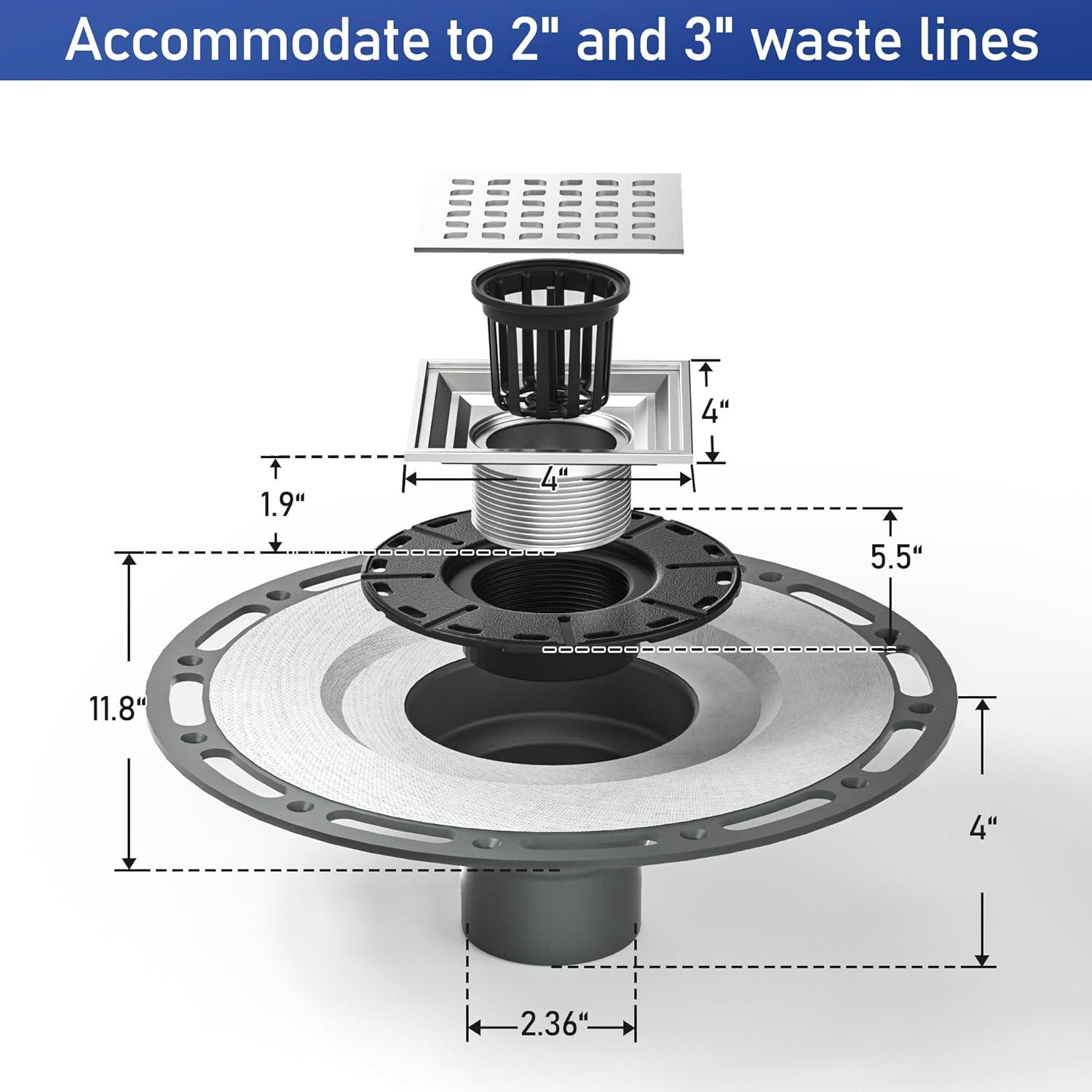 4 Inch Brushed Stainless Steel Square Shower Drain with PVC Base