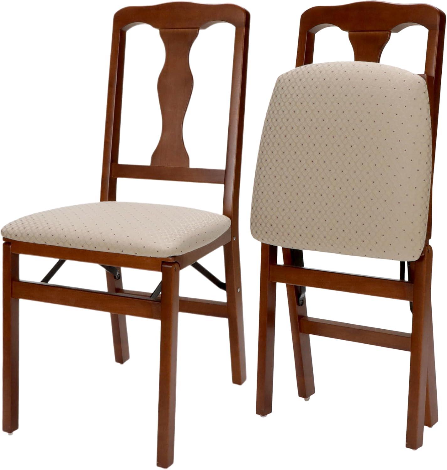 2pc Folding Chairs with Blush Fabric Seat Cherry - Stakmore: Queen Anne Style, Solid Hardwood