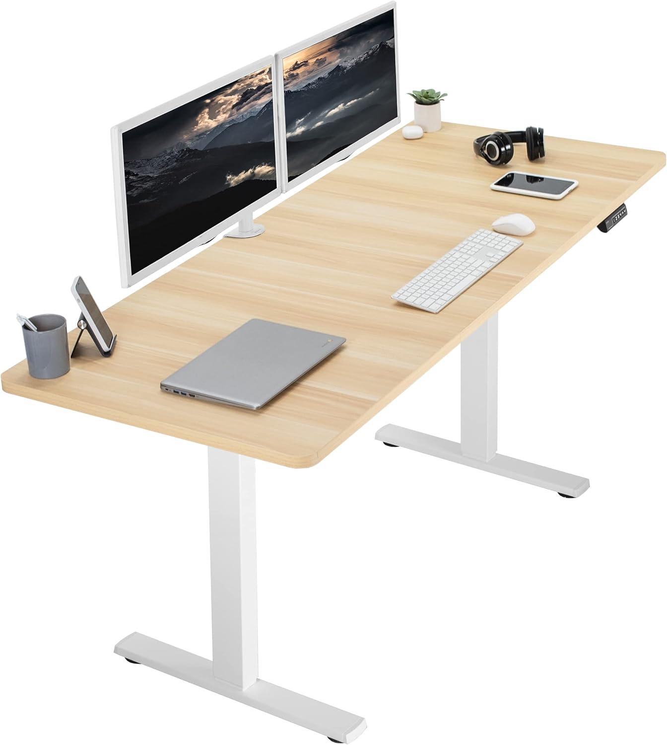 Light Wood & White Electric Adjustable Standing Desk 71"