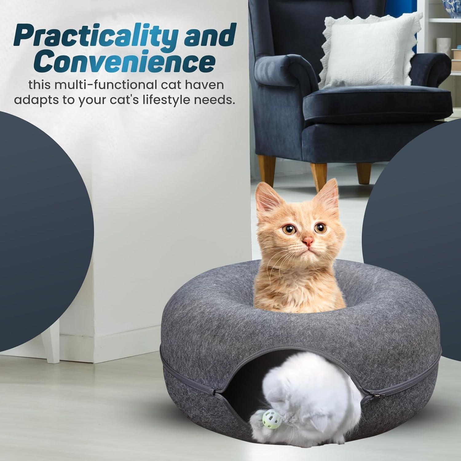 Peekaboo Cat Cave For Multiple & Large Cats Up To 30-45 Lbs, Scratch Detachable & Washable Tunnel Bed, Comfy Donut Cat Cave