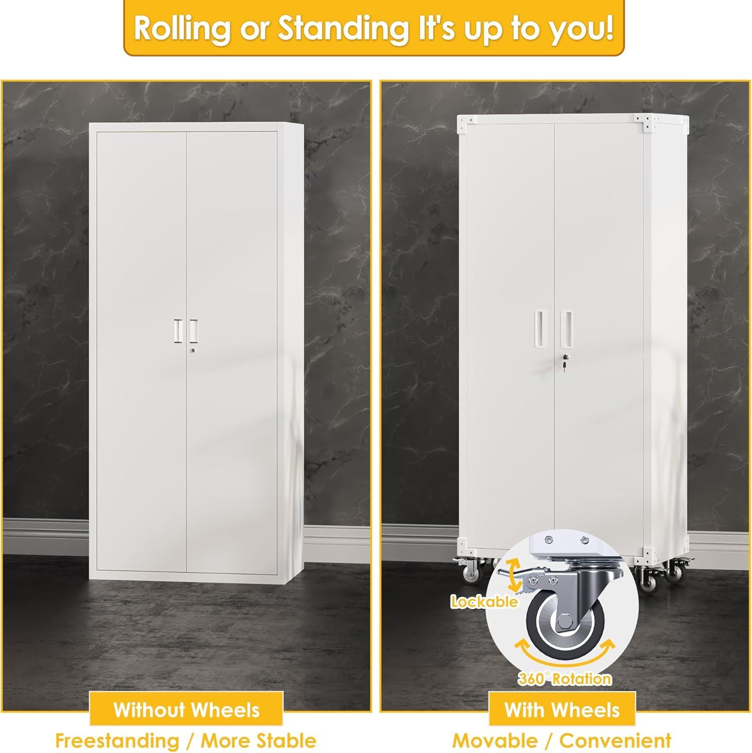 Aobabo Metal Storage Cabinet with Wheels & Pegboards,Office Storage Cabinet with Lock & Shelves,72'' H Steel Garage Cabinet for Office Home Storage,White Required-Assembly