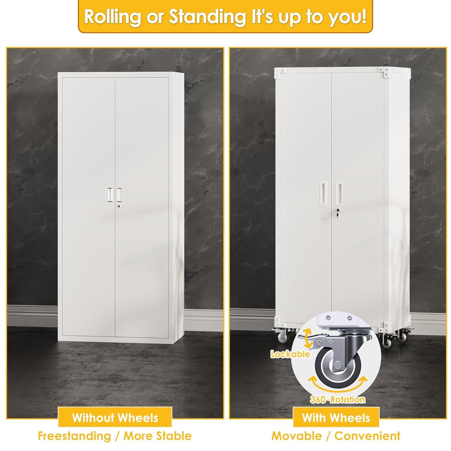 AOBABO 72 Inch Locking Metal Garage Home Office Storage Cabinet with Universal Rubber Wheels/Lockable Casters and Magnetic Doors, White
