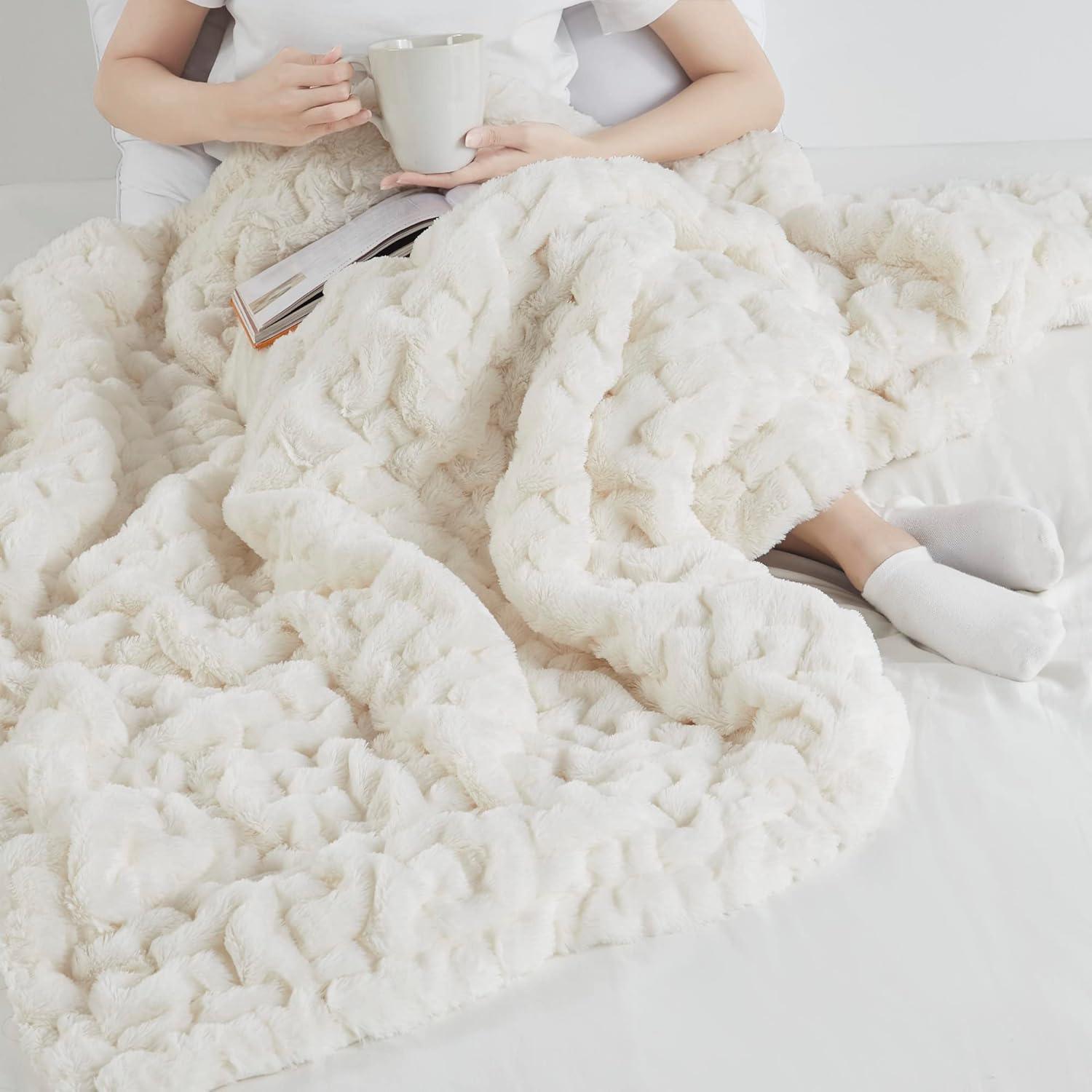 Madison Park Ivory Ruched Fur Throw 50x60"