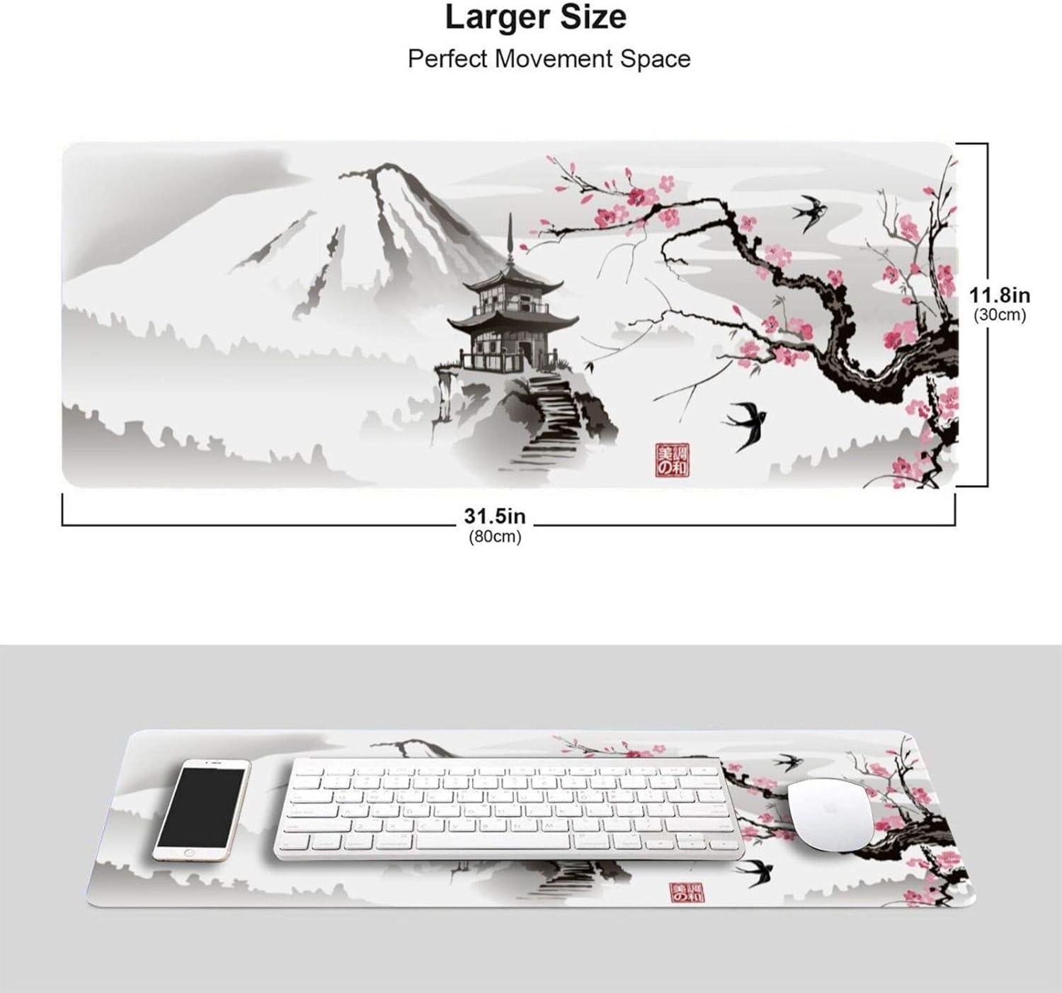 Japanese Cherry Blossom White Gaming Mouse Pad XL, Extended Large Mouse Mat Desk Pad, Stitched Edges Mousepad, Long Nonslip Rubber Base Mice Pad, 31.5 X 11.8 Inch