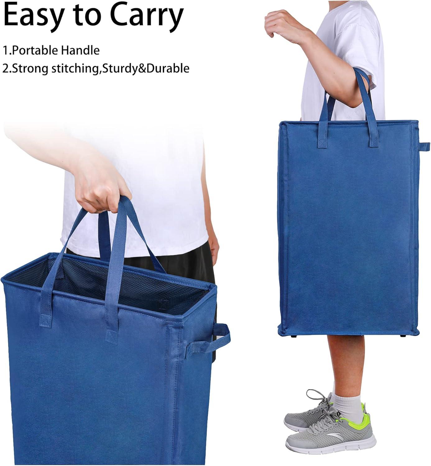 Odonata Slim Laundry Hamper Handles Collapsible Laundry Basket Thin Dirty Clothes Basket Narrow Laundry Bag Foldable Dirty Hamper 45L (Navy blue)