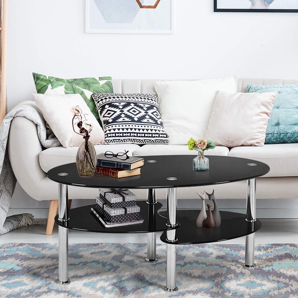 Costway Tempered Glass Oval Side Coffee Table Shelf Chrome Base Living Room Black