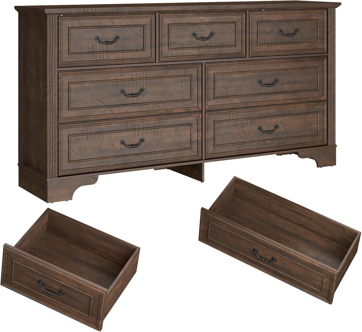 Charlton Home® 59" Farmhouse Dresser With 7 Spacious Drawers – Rustic Wooden Storage Cabinet For Bedroom, Living Room, Or Entryway
