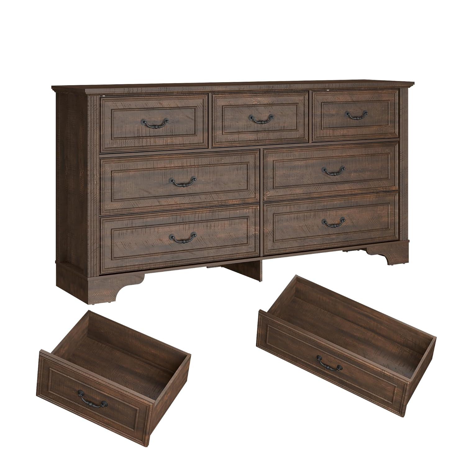 Charlton Home® 59" Farmhouse Dresser With 7 Spacious Drawers – Rustic Wooden Storage Cabinet For Bedroom, Living Room, Or Entryway
