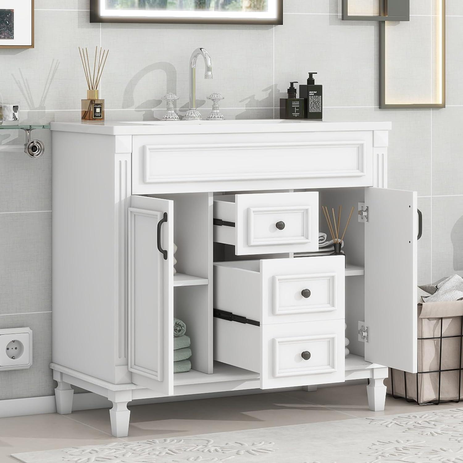 White Freestanding Bathroom Vanity with Ceramic Sink and Storage