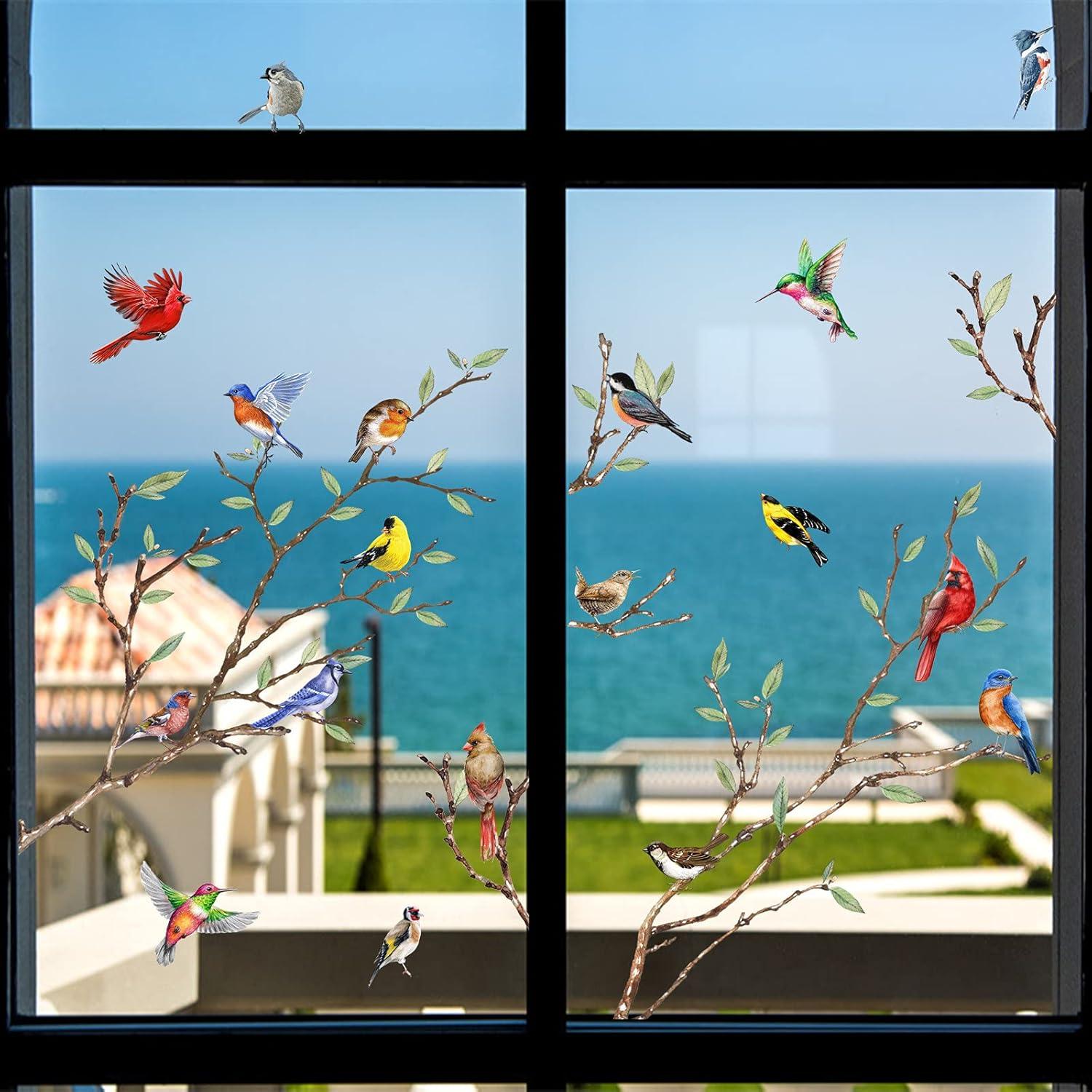 Yovkky Spring Summer Tree Branch Bird Strike Window Cling 9 Sheet, Anti Collision Cardinal Wall Glass Sticker Decal Hummingbird Bluebird Robin Decor, Fall Autumn Home Kitchen Office Fridge Decorations