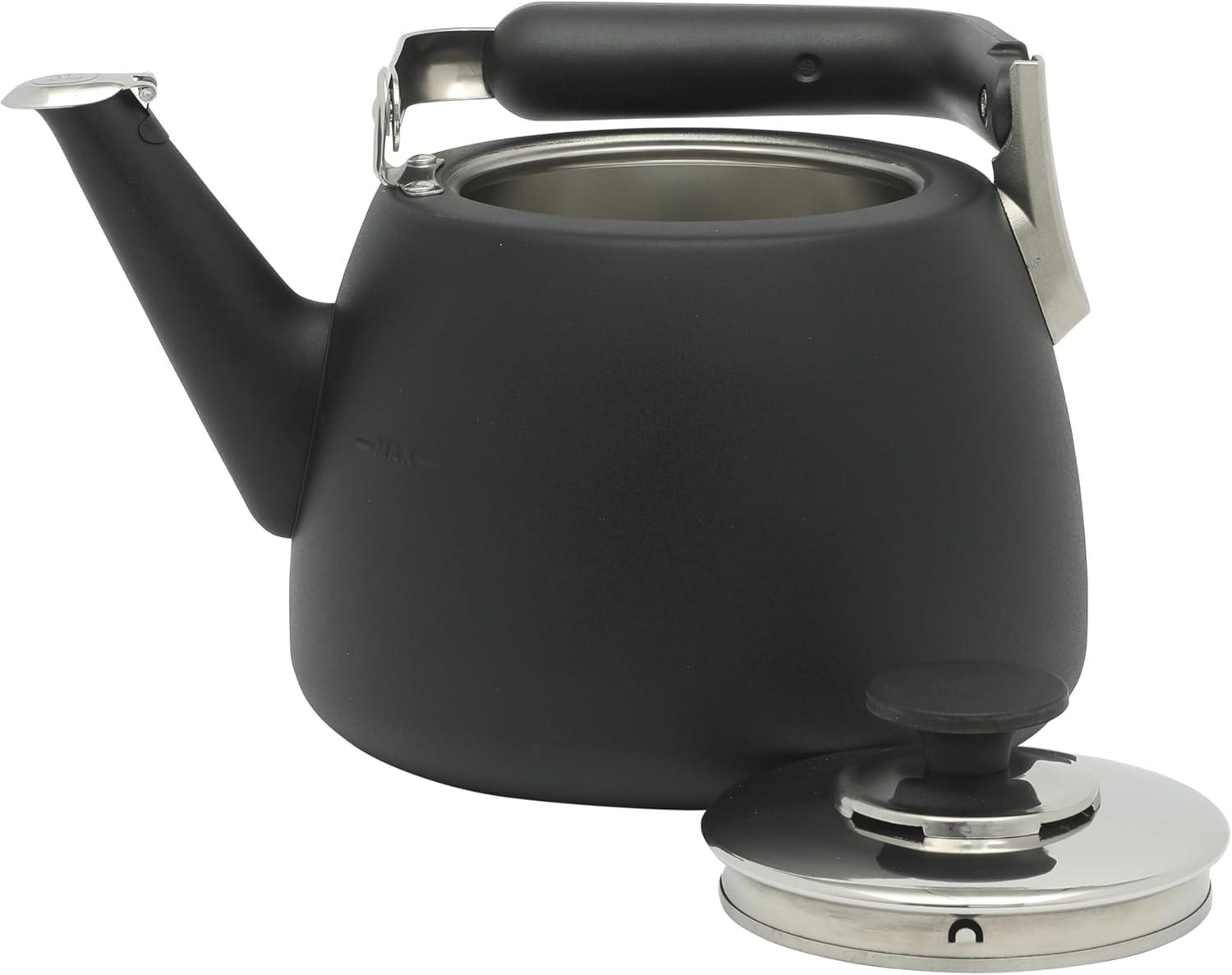 Large Brushed Stainless Steel Whistling Tea Kettle with Black Handle