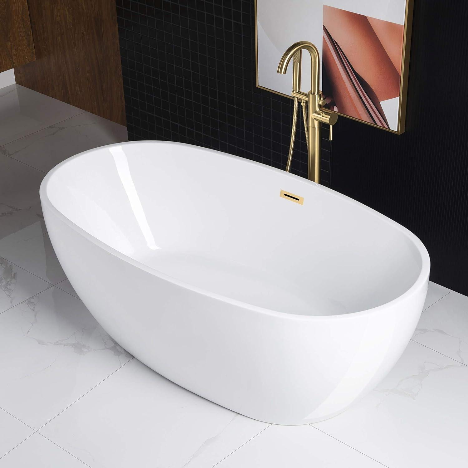 WOODBRIDGE 71" Acrylic Freestanding Bathtub Contemporary Soaking Tub, White Acrylic,Brushed Gold Drain/Overflow