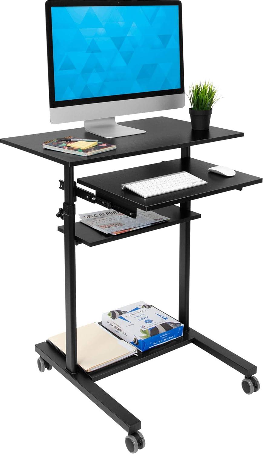 Mount-It! Height Adjustable Mobile Standing Desk with Retractable Keyboard Platform & Locking Wheels