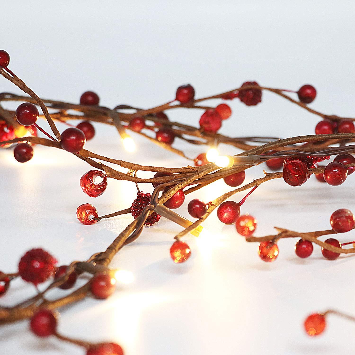 Rhytsing Red Berry Garland with 30 LED Lights, Battery Operated  with Timer Function for Christmas - 5.9FT