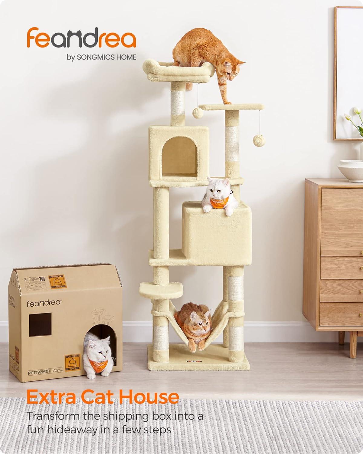 Feandrea Cat Tree, 61-Inch Cat Tower for Indoor Cats, Plush Multi-Level Cat Condo with 5 Scratching Posts, 2 Perches, 2 Caves, Hammock, 2 Pompoms, Jelly Pink UPCT192P01