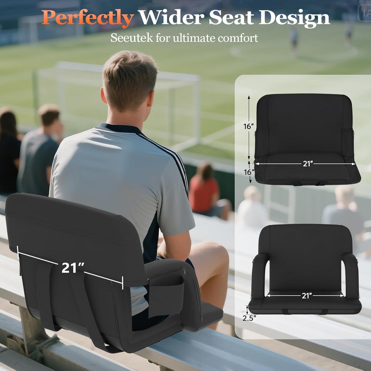 PNKKODW 21" 2PCS Foldable Heated Stadium Seats for Bleachers w/ Back Support, Extra Portable Bleacher Seat, USB 3 Levels of Heat, 5 Pockets for Outdoor Camping Games Sports(No Battery)