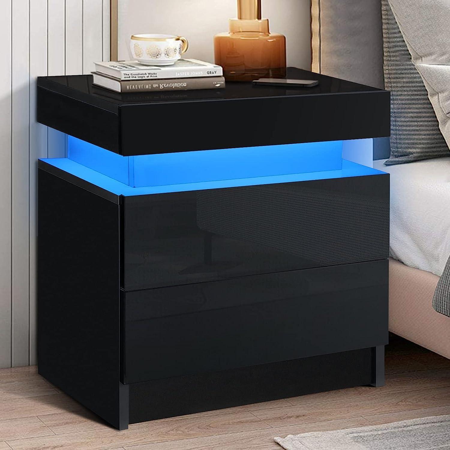 Hommpa Modern Nightstand with LED Lights High Gloss Bedside Table with 2 Drawers Smart Night Stands Black End Side Table for Bedroom Living Room Home Furniture