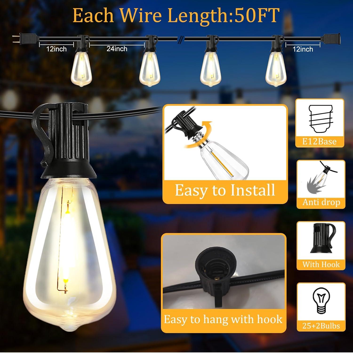 50FT Warm White LED Outdoor String Lights with Shatterproof Edison Bulbs