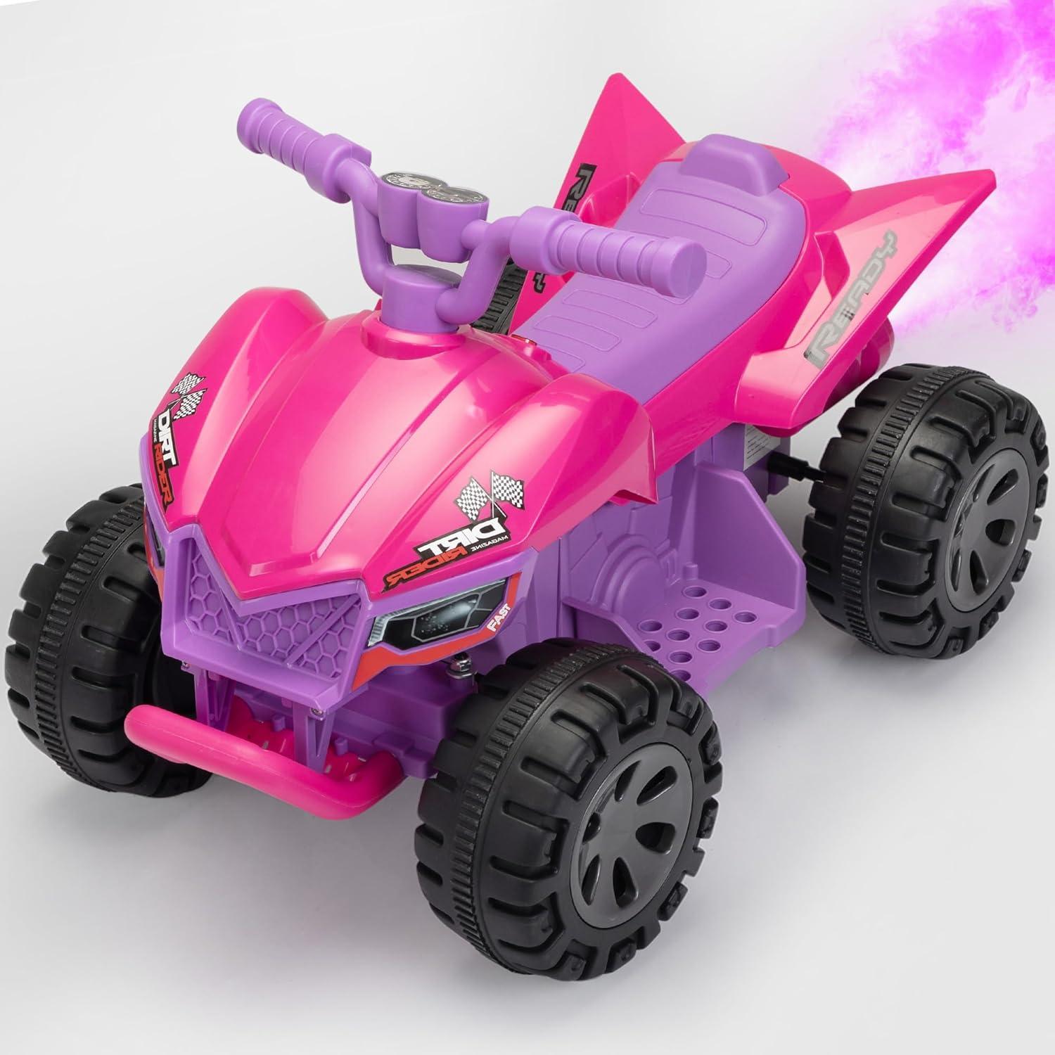 CIPACHO 6V Kids Ride-On Electric ATV, 4-Wheeler Quad Car Toy with Music for Toddlers Age 3-5, LED Headlights and Spray Device, Pink