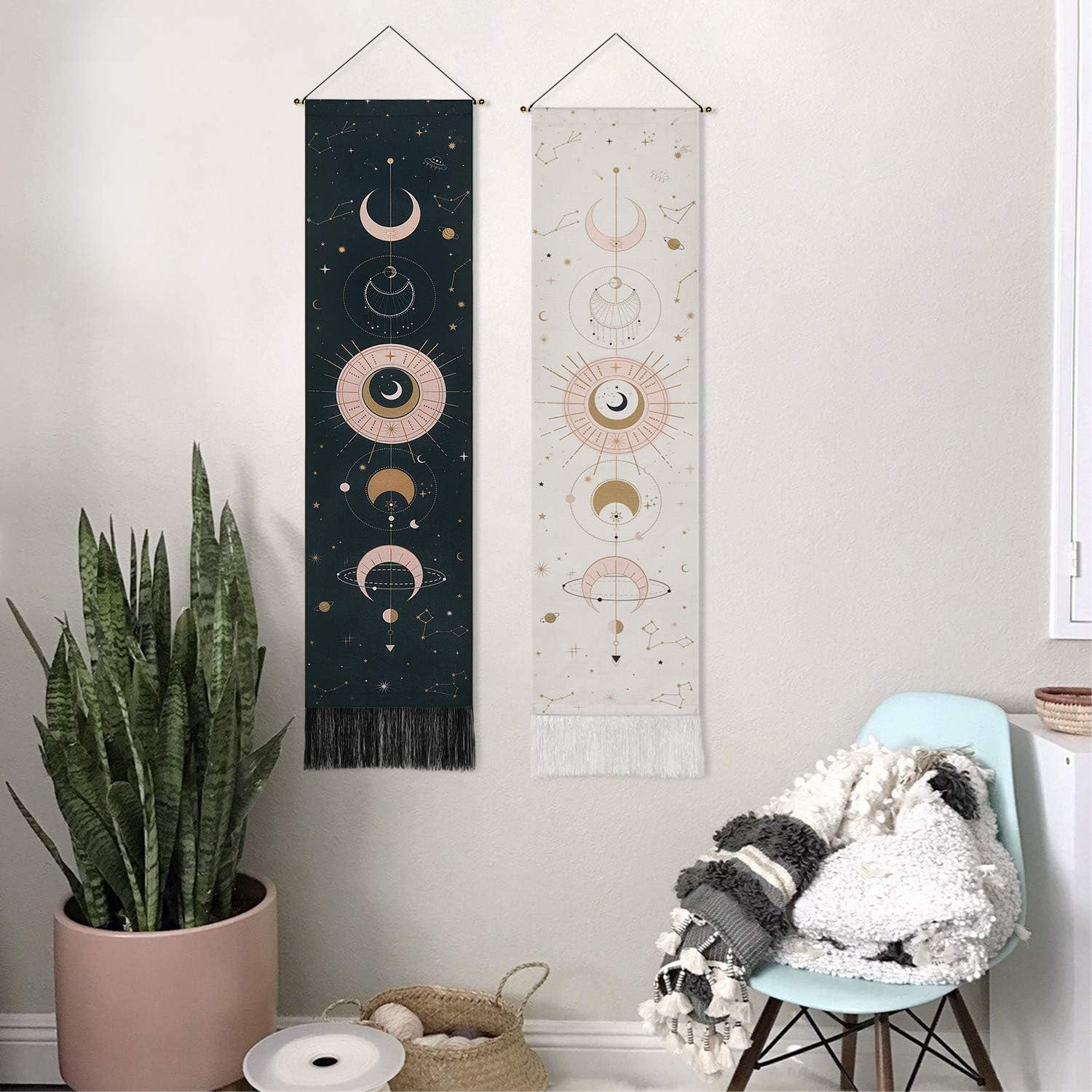 2 Pack Moon Phase Tapestry Moon Tapestry Wall Hanging Art Bohemian Tapestries Black and White Tapestry for bedroom Modern Home Decor (Black+White, 12.8 x 51.2 inches)