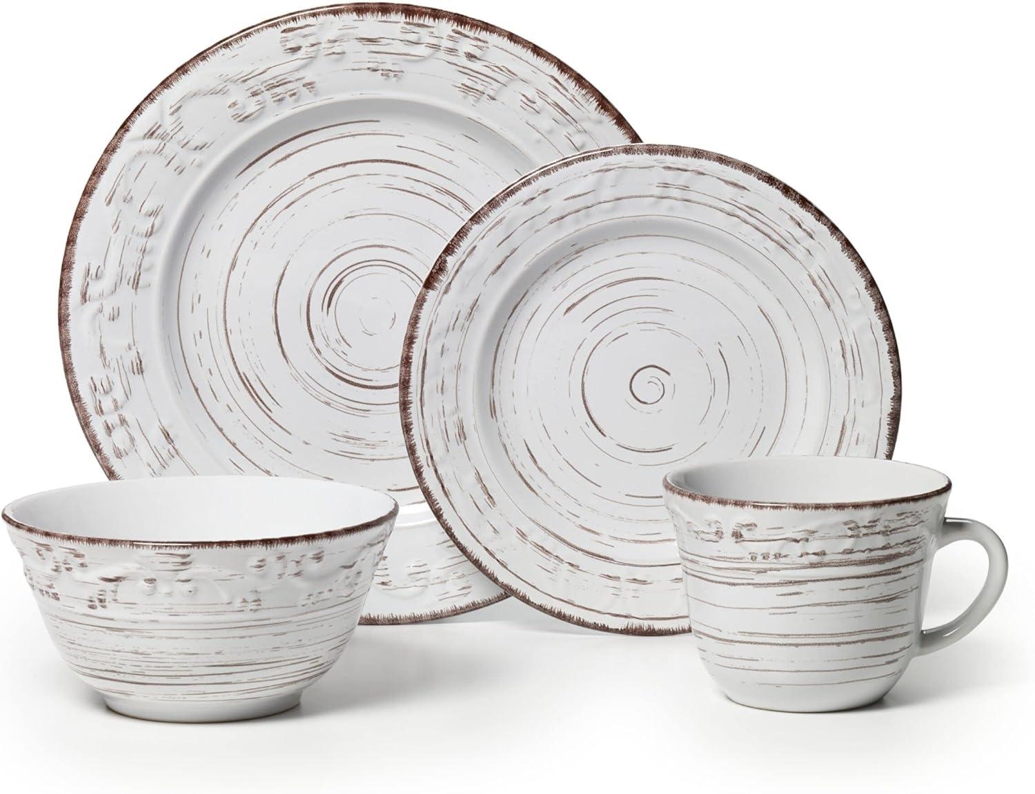 White Ceramic 16-Piece Rustic Dinnerware Set with Weathered Design