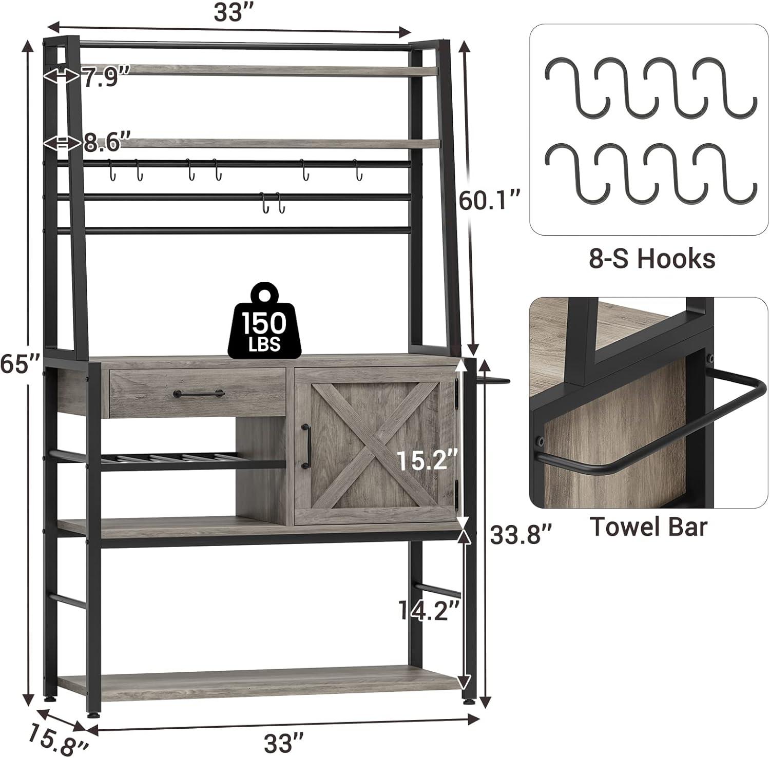 Baker's Rack, Coffee Bar Cabinet, Farmhouse Microwave Stand with Wine Rack, Storage Drawer and 8 Hooks, Bakers Racks for Kitchens with Storage, Ivory Gray