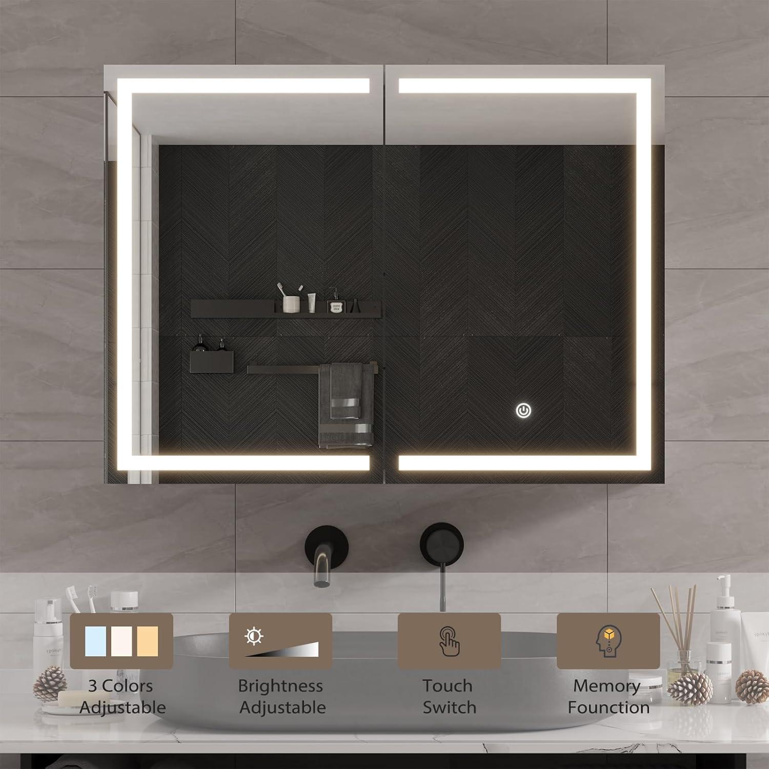 DICTAC Bathroom Medicine Cabinet with Mirror and LED Light, Wall Mounted Bathroom Mirror with Storage, 2 Doors Bathroom Wall Cabinet, Memory Dimmable 3 Color Temp, Adjustable Shelves, 31.5''x23.6''