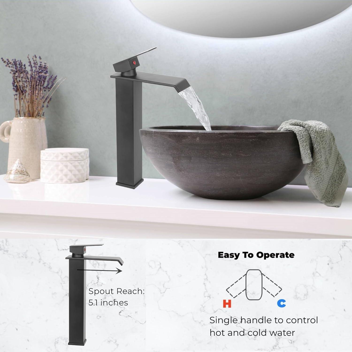 Matte Black Vessel Sink Faucet for Sink 1 Hole Single Handle Deck Mount Bathroom Sink Faucet Bowl Sink Mixer Tap with Pop Up Drain Combo Vanity RV Bar Sink Faucet