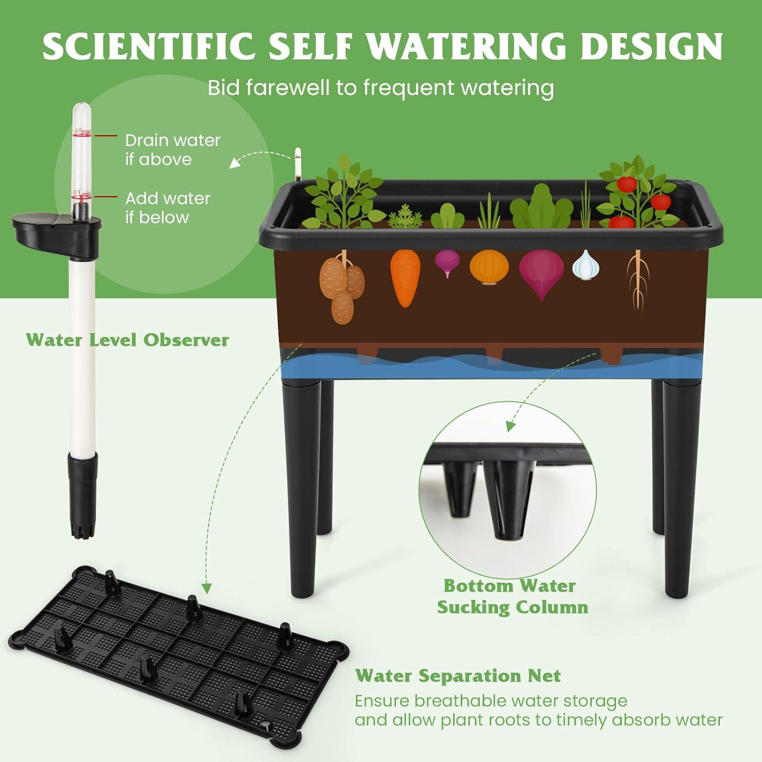 Tangkula Raised Garden Bed with Trellis Self-Watering Planter Bed with Water Level Observer Drainage Holes Climbing Net & Detachable Legs