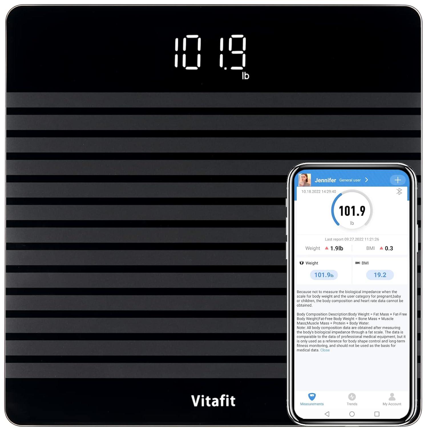 Vitafit Anti-Slip Smart Digital Bathroom Scale for Body Weight, FSA HSA Store Eligible, High Accuracy Assured by Weighing Professional Since 2001, BMI with App,Black